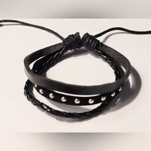 Men's bracelet‎ leather braided layered black new d67